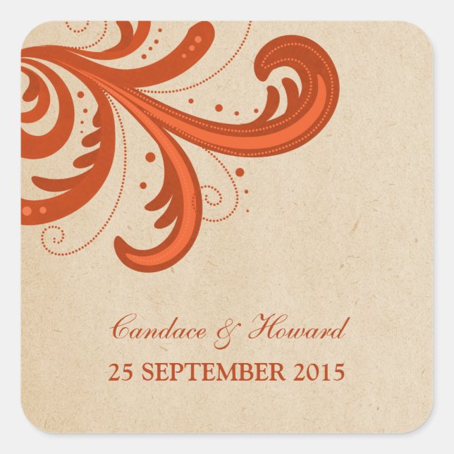 Orange Stylish Swirls Wedding Stickers (Front)