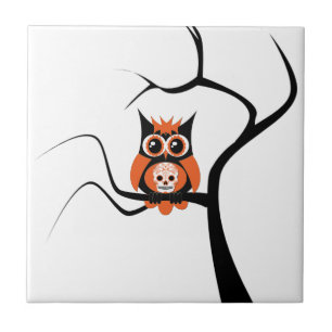 Orange Sugar Skull Owl in Tree Tile