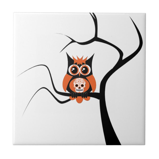 Orange Sugar Skull Owl in Tree Tile (Front)