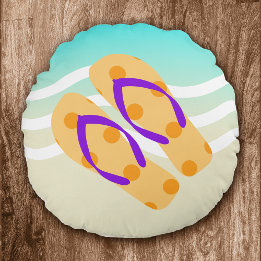 Orange Summer Beach Waves Flip Flops Decorative Round Pillow