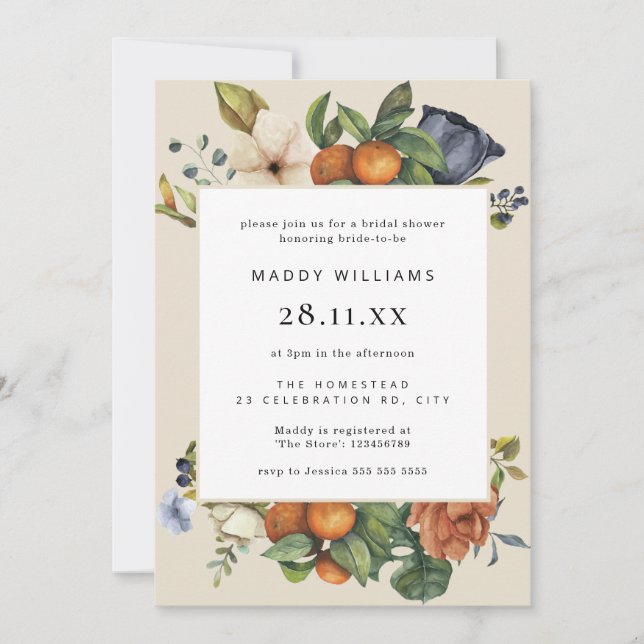 Orange Summer Floral Botanical Boho Bridal Shower Invitation (Front)