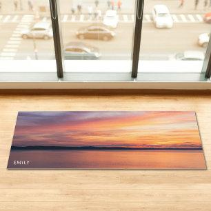 Orange Summer Sunset By A Lake With Custom Name Yoga Mat