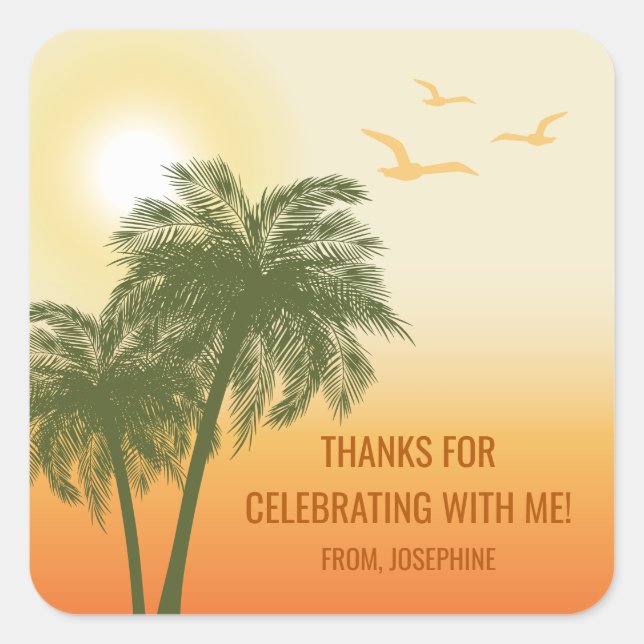 Orange Summer Sunset Palm Trees Birthday Thank You Square Sticker (Front)
