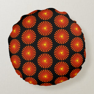Orange Sunburst Fractal Art Beach House Pattern Round Pillow