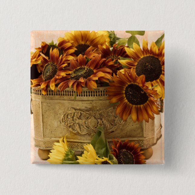 Orange Sunflowers In Tin Basket 2 Inch Square Button (Front)