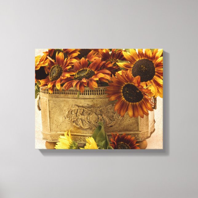 Orange Sunflowers In Tin Basket Canvas Print (Front)