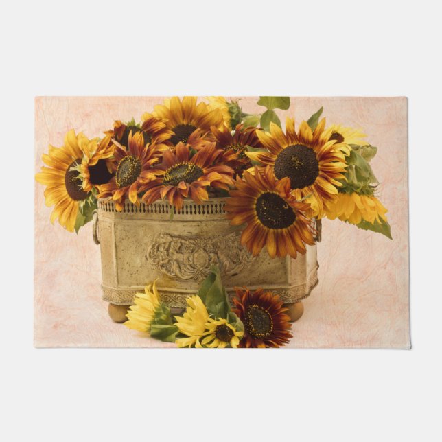 Orange Sunflowers In Tin Basket  Doormat (Front)