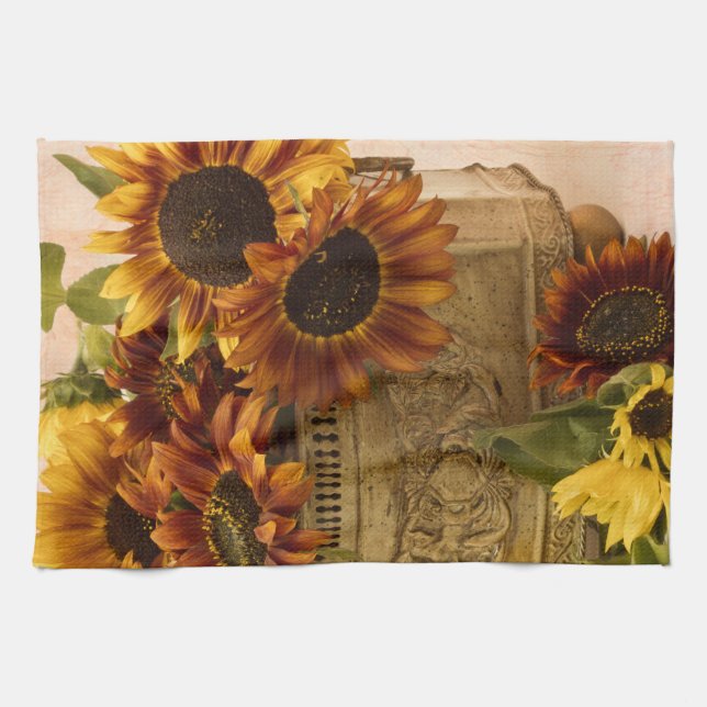 Orange Sunflowers In Tin Basket Kitchen Towel (Horizontal)
