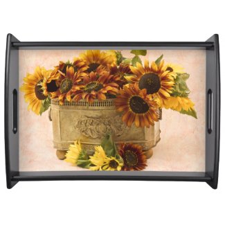 Orange Sunflowers In Tin Basket Serving Tray