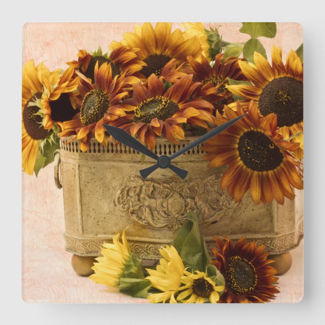 Orange Sunflowers In Tin Basket Square Wall Clock (Front)