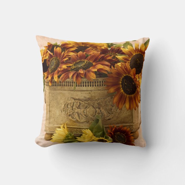 Orange Sunflowers In Tin Basket Throw Pillow (Front)