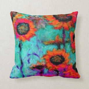 Orange Sunflowers Turquoise Pillow by Sharles