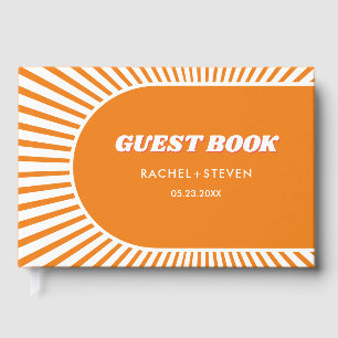 Orange sunrays retro pink 70s inspired wedding guest book