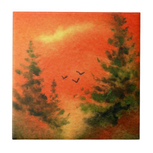 Orange sunrise pines with flying crows tile