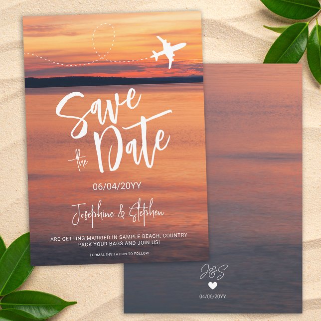 Orange Sunset Airplane Shape Destination Wedding Save The Date (Creator Uploaded)