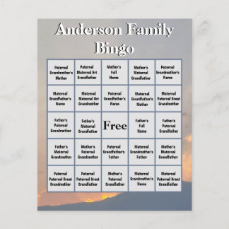 Orange Sunset and Mountain Family Photo Bingo 