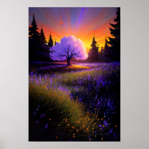 Orange Sunset and the Graceful Sakura Tree Poster