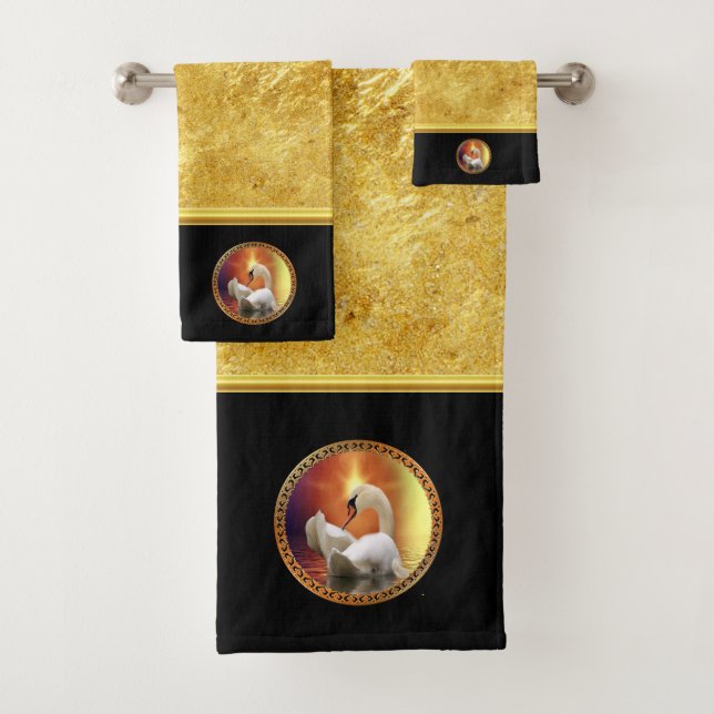 Orange sunset behind a White Swan with gold foil Bath Towel Set (Insitu)