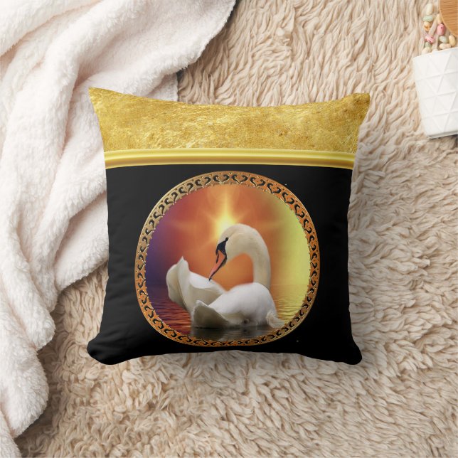 Orange sunset behind a White Swan with gold foil Throw Pillow (Blanket)