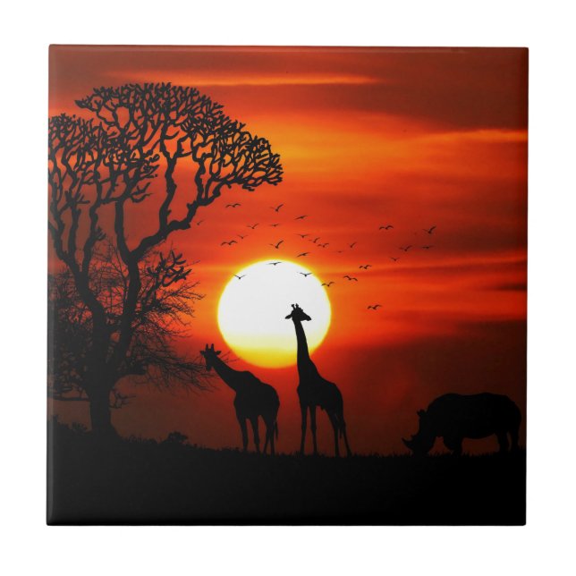 Orange Sunset in Africa w Giraffe Silhouette Tile (Front)