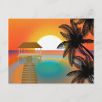 Orange Sunset on Beach with Palm Trees Drawing
