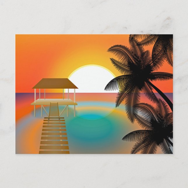 Orange Sunset on Beach with Palm Trees Drawing Postcard (Front)