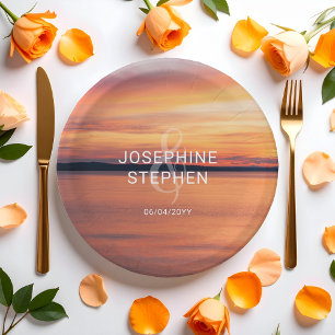 Orange Sunset Over Lake Couple's Names Wedding Paper Plate