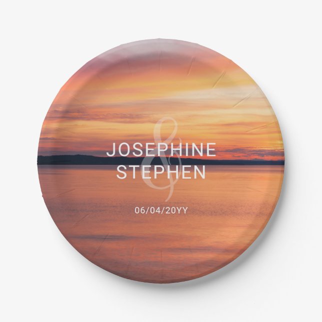 Orange Sunset Over Lake Couple's Names Wedding Paper Plate (Front)
