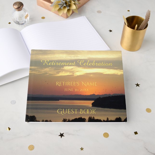 Orange Sunset Retirement Celebration Guest Book (Front Open)