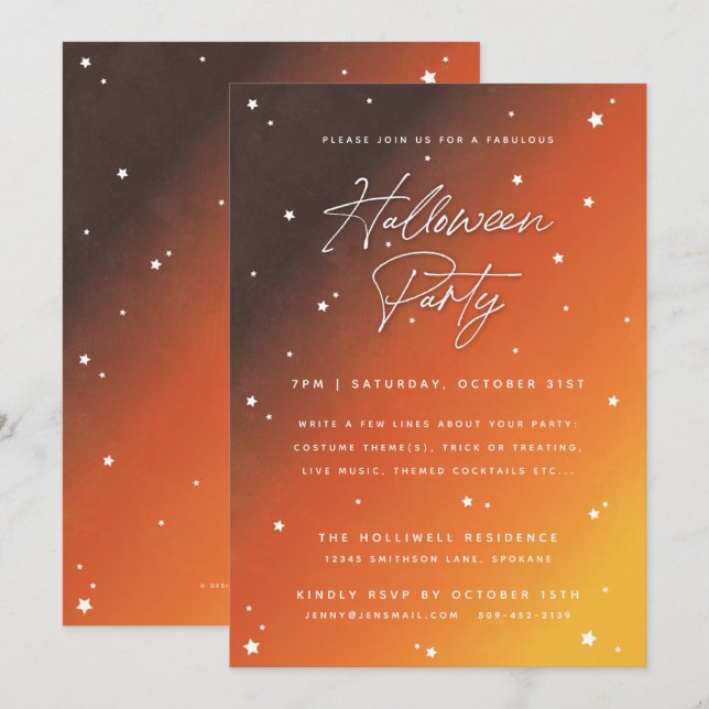 Orange Sunset Script and Stars Halloween Party Invitation (Front/Back)