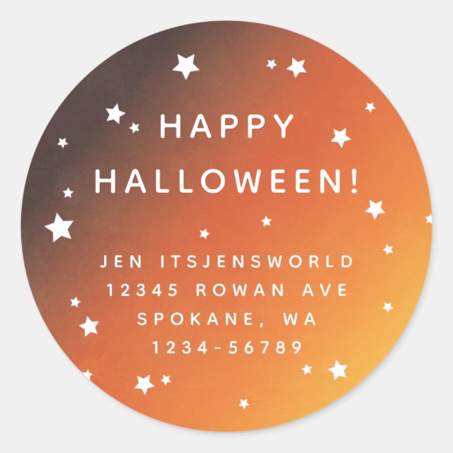 Orange Sunset + White Stars Custom Text/Address Classic Round Sticker (Front)