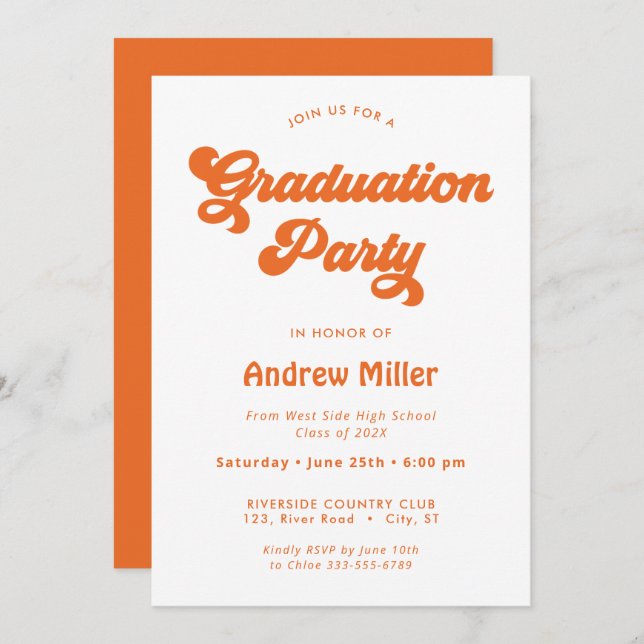 Orange Super Retro Graduation Party Invitation (Devant / Derrière)