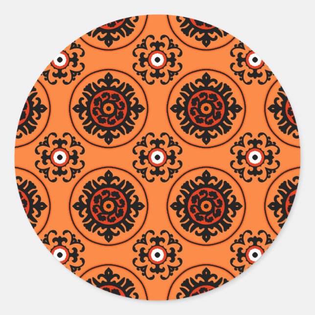Orange Suzani Pattern Classic Round Sticker (Front)