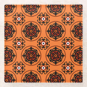 Orange Suzani Pattern Glass Coaster