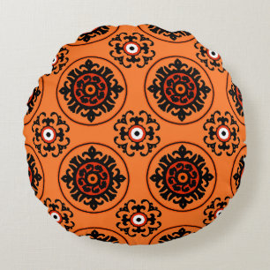 Orange Suzani Pattern Round Pillow