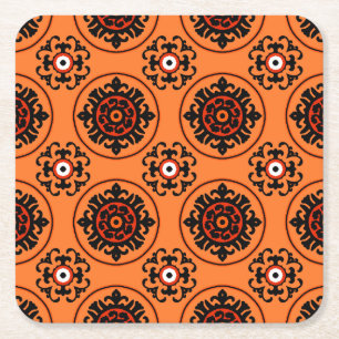 Orange Suzani Pattern Square Paper Coaster