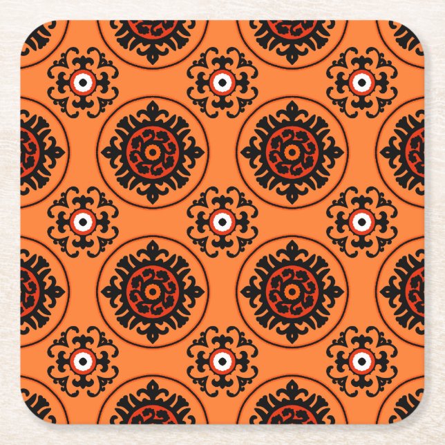 Orange Suzani Pattern Square Paper Coaster (Front)