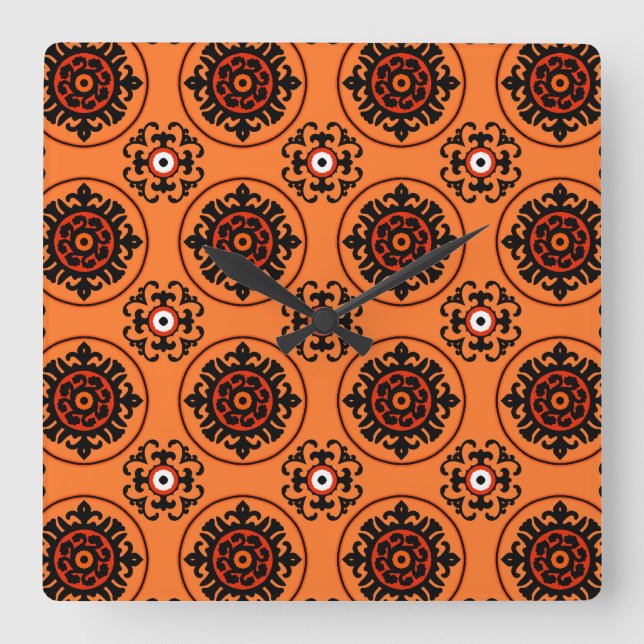Orange Suzani Pattern Square Wall Clock (Front)