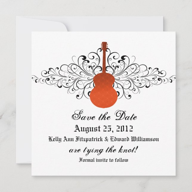 Orange Swirls Guitar Save the Date Invite (Front)