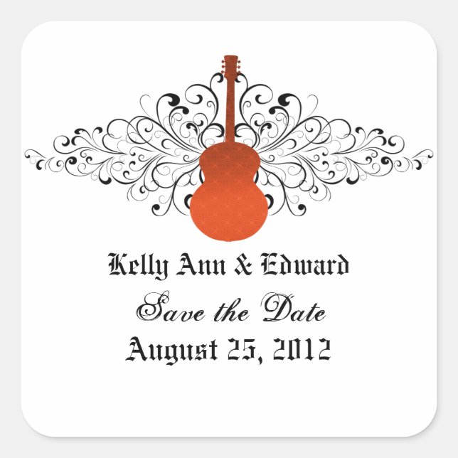 Orange Swirls Guitar Save the Date Stickers (Front)