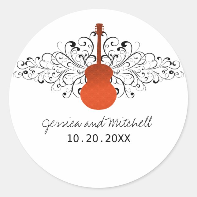 Orange Swirls Guitar Wedding Stickers (Front)