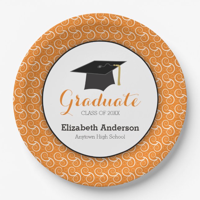 Orange Swirls Personalized Graduation Paper Plate (Front)