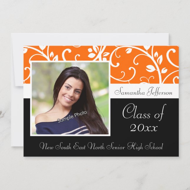 Orange Swirly Vine Photo Graduation Announcement (Front)