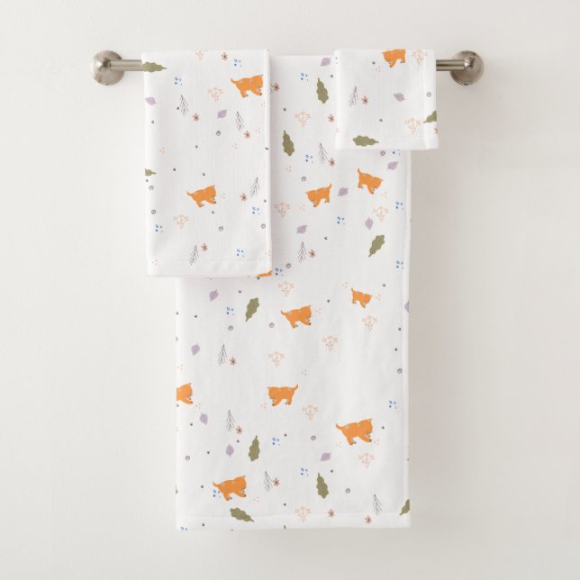 Orange Tabby and Leaves Pattern  Bath Towel Set (Insitu)