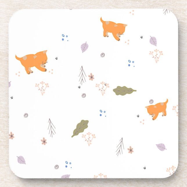 Orange Tabby and Leaves Pattern  Coaster (Front)