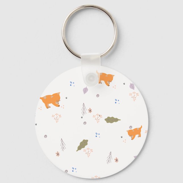 Orange Tabby and Leaves Pattern  Keychain (Front)