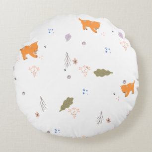 Orange Tabby and Leaves Pattern Round Pillow