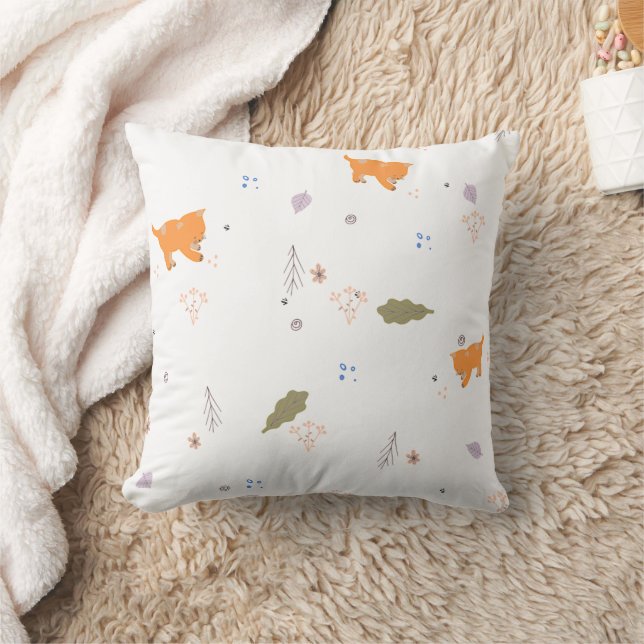 Orange Tabby and Leaves Pattern Throw Pillow (Blanket)