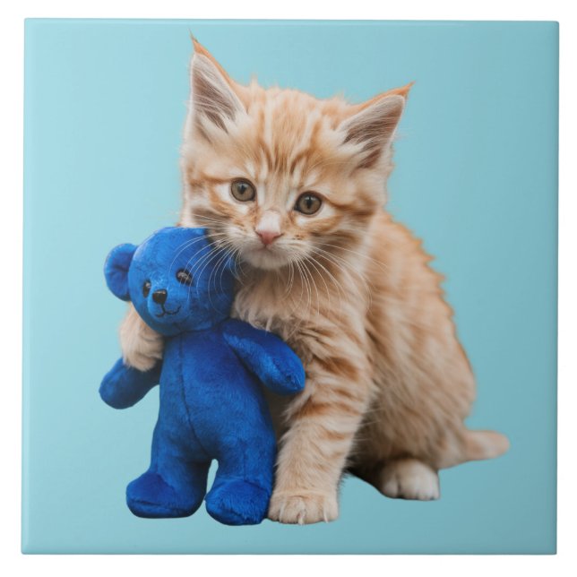 Orange Tabby and Teddy Bear Decorative Tile (Front)