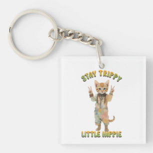 Orange Tabby Cat Boho Stay Trippy Little Hippie Keychain